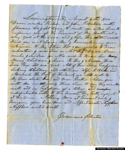 A letter handwritten by a slave named Ferdinand Robertson.