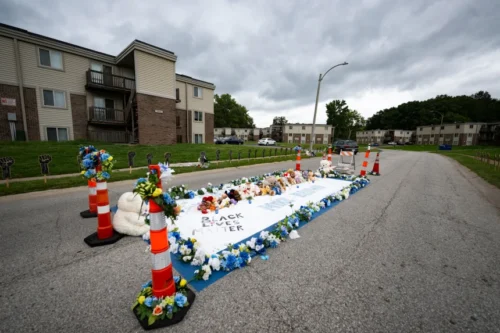 The memorial for Michael Brown Jr. is seen along Canfield Drive of Renewal Heights Apartments in Ferguson, Mo. (Michael B. Thomas for NBC News)