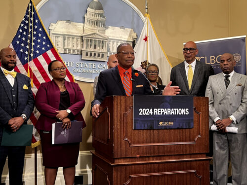 Assembly member Reggie Jones-Sawyer, D-Los Angeles, speaks about a package of reparations legislation at a press conference at the state Capitol on Feb. 21, 2024. | Sophie Austin/AP